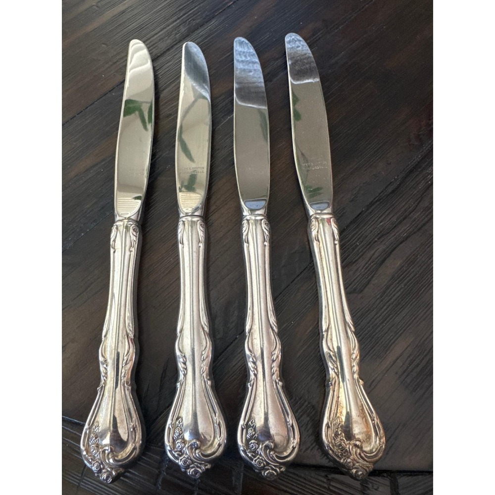 Reed & Barton Cottage Rose Silverplate Dinner Knives Mirrorstele Set of 4 1985